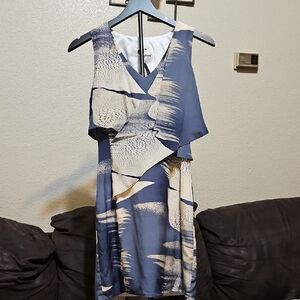 NWT Sleeveless 100% Silk V-Neck Midi Layered Dress in Blue and Cream Abstract